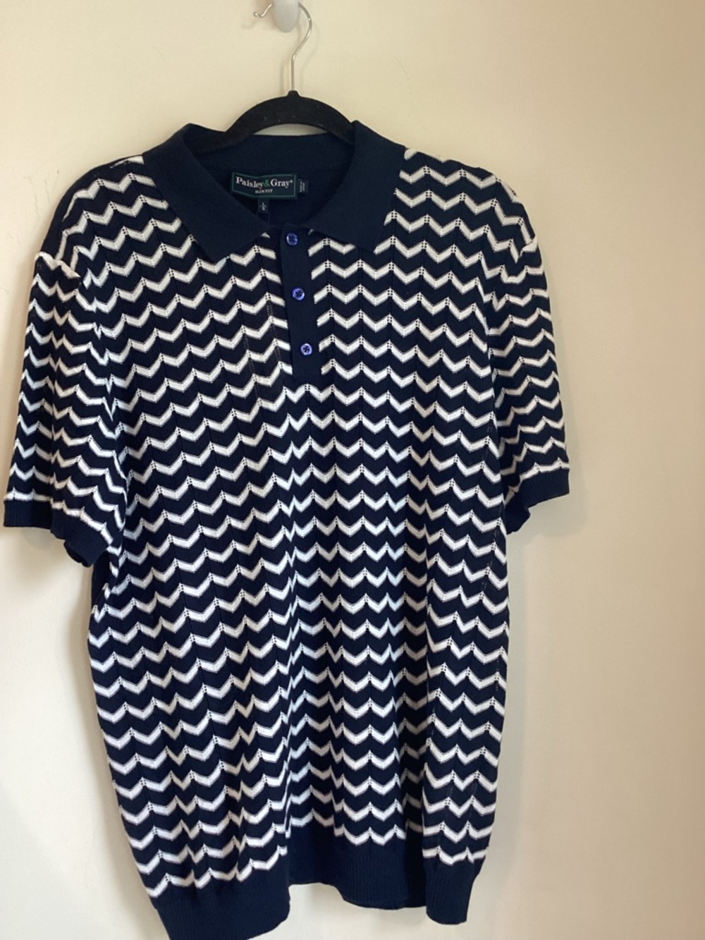 Paisley & Gray Polo Shirt Men’s Large Navy Blue White Chevron Knit Collard Shirt